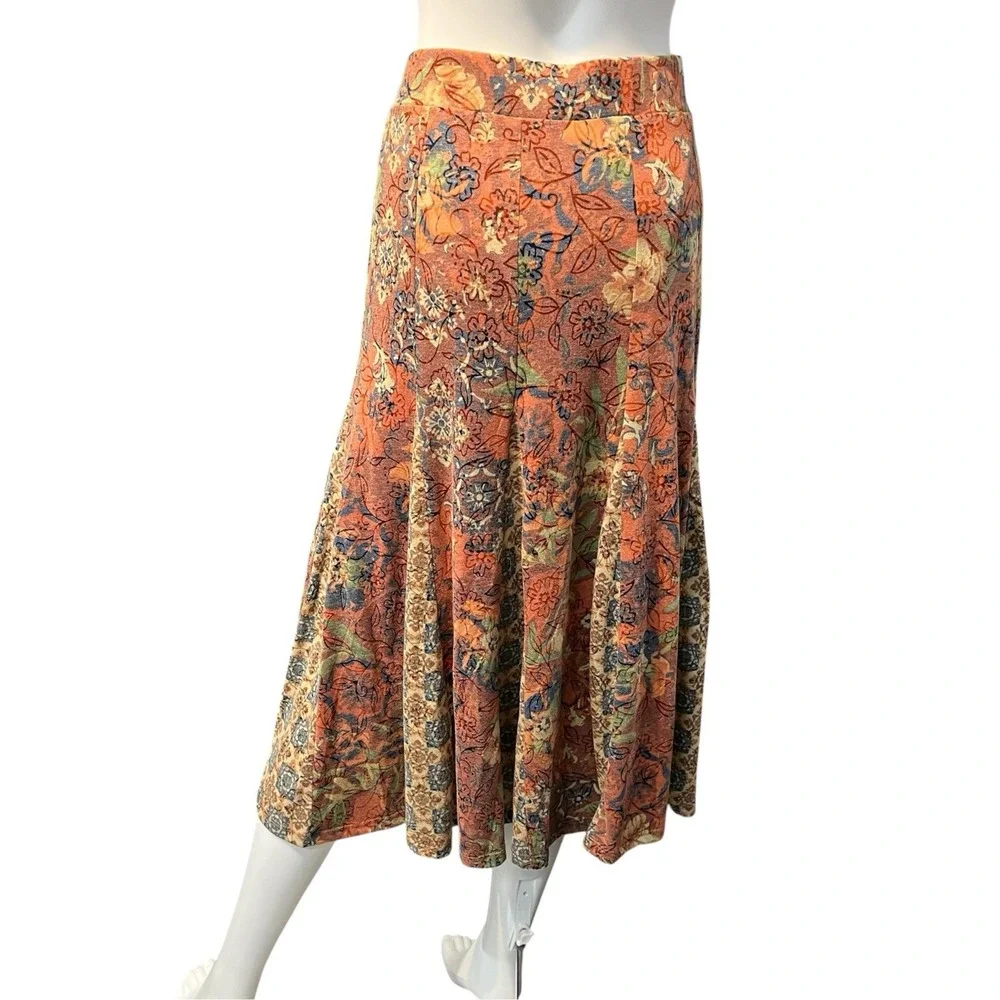 Coldwater Creek Skirt Fall Floral Patchwork Midi L Pull On Elastic Waist Earthy